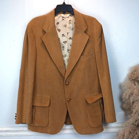 Vintage Men's Kentfield 60s 70s tan corduroy patch elbows hunting jacket sz R-44 - Picture 1 of 12